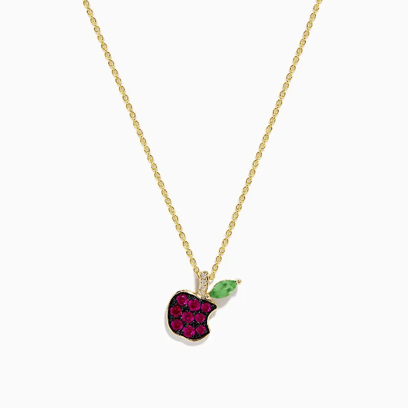 Novelty 14K Yellow Gold Ruby, Tsavorite and Diamond Apple Pendant