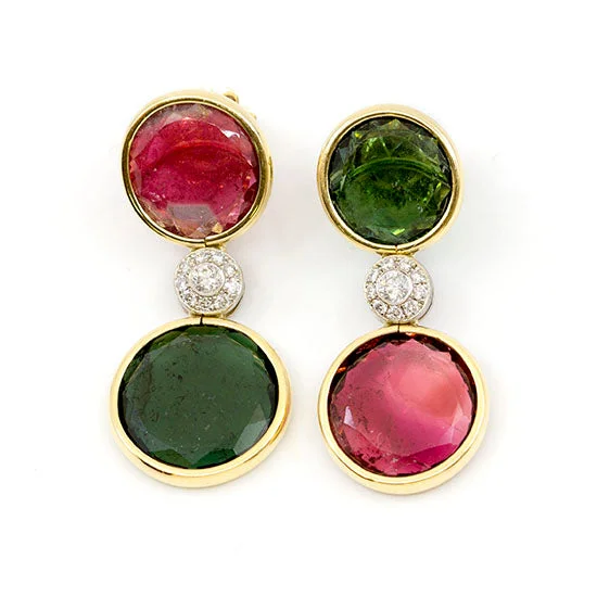 Transposed Green & Red Tourmaline Earring with Diamonds