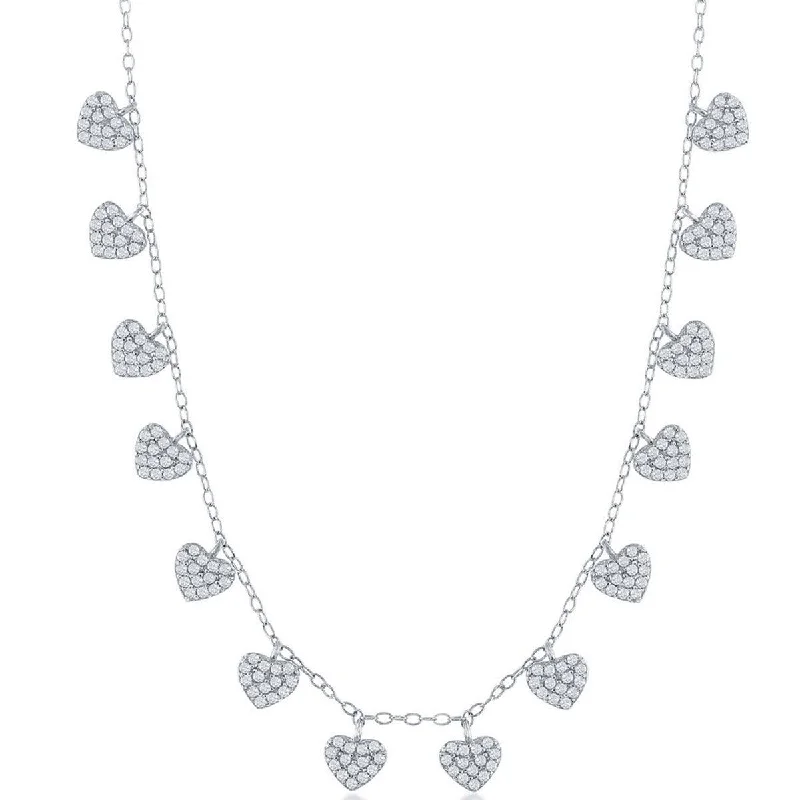 Classic Women's Necklace - Sterling Silver Dangling CZ Hearts | M-6816