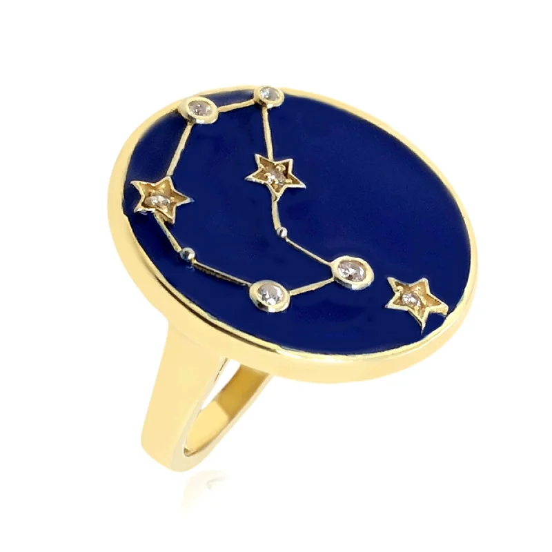 Sterling Silver Over Gold Plated White Zircon With Blue Enamel Capricorn Zodiac Signs Ring