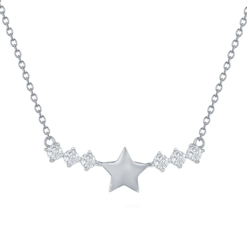 Classic Women's Necklace - Sterling Silver Star with CZ Sides Bar | M-6887