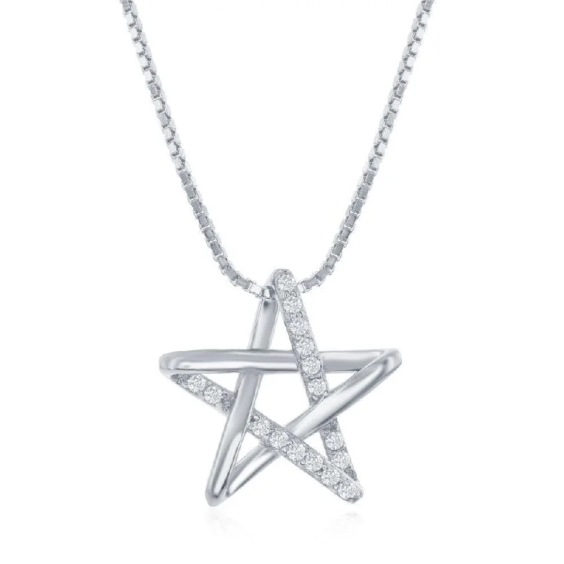 Sterling Silver Rhodium Plated Cubic Zirconia Star Necklace