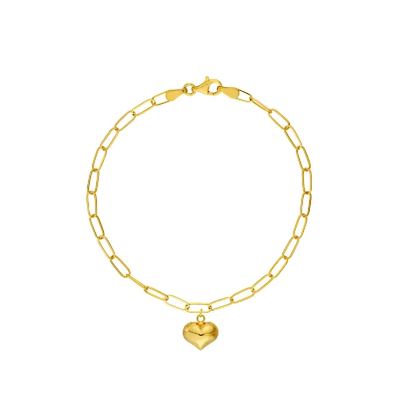 14K Yellow Gold Puff Heart Paper Clip Bracelet