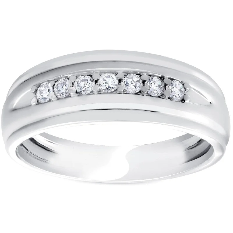 Pompeii3 10k White Gold 1/4 ct TDW Diamond 7 Stone Mens Ring High Polished Wedding Band