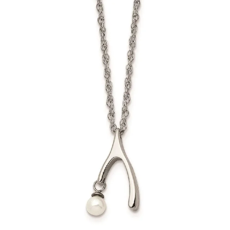 Stainless Steel Polished Wishbone Imitation Pearl 16in Necklace