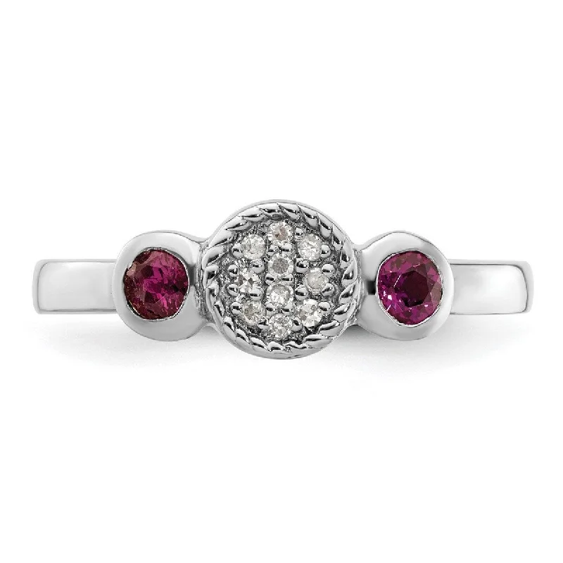 Curata 925 Sterling Silver Bezel Polished Prong set Stackable Expressions Db Round Rhod. Garnet and Dia. Ring