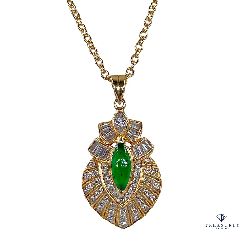 Natural UNTREATED GIA Omphacite Jade 18K Vintage Pendant of "Imperial" Color with Diamonds, 1980s