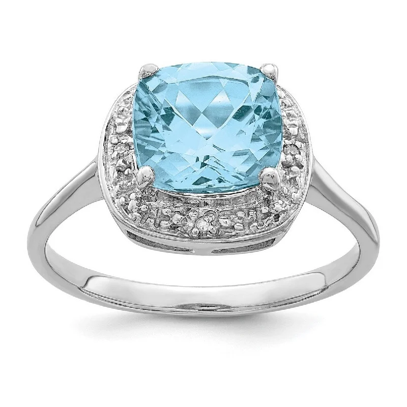 Curata 925 Sterling Silver Polished Open back Rhodium Plated Diamond and Light Swiss Blue Topaz Ring