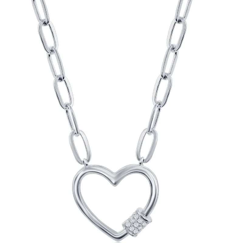 Classic Women's Necklace - Sterling Micro Pave CZ Heart Carabiner Paperclip | M-6778