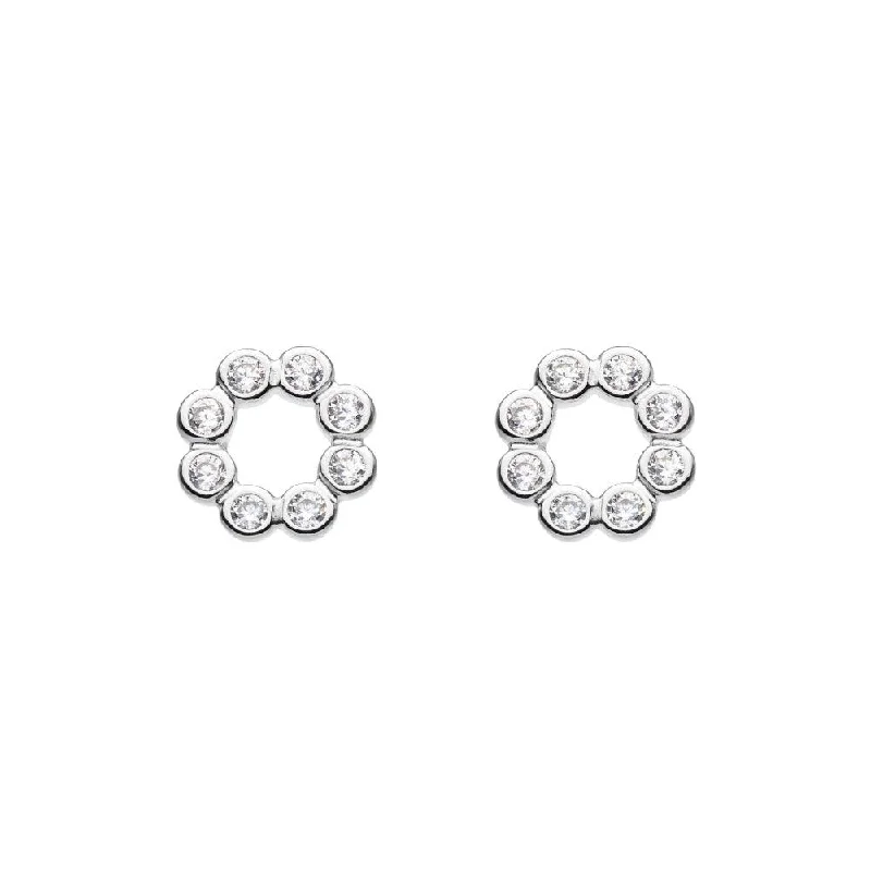 Silver Beaded Open Circle Cubic Zirconia Stud Earrings