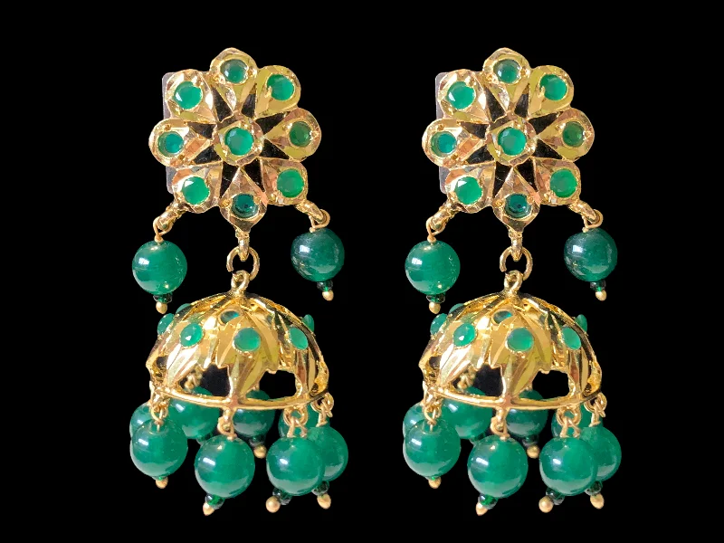 DER348 Green jhumka in flower tops ( SHIPS IN 4 WEEKS )