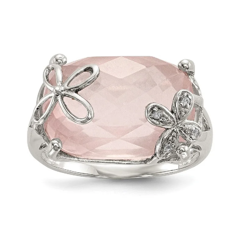 Curata 925 Sterling Silver With Rose Quartz and White Sapphire Ring