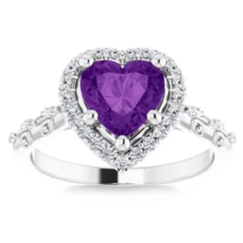 7mm Amethyst Halo Diamond Heart Shape Accent Ring in White or Yellow Gold