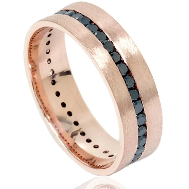 1 1/10ct Channel Set Black Diamond Brushed Ring Rose Gold Mens Wedding Band