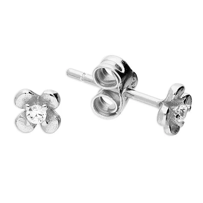 Silver Flower Stud Earrings with Cubic Zirconia Stone