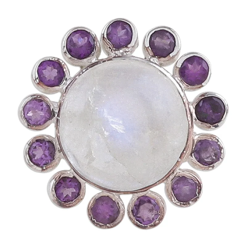 Novica Handmade Harmonious Blossom Rainbow Moonstone And Amethyst Cocktail Ring