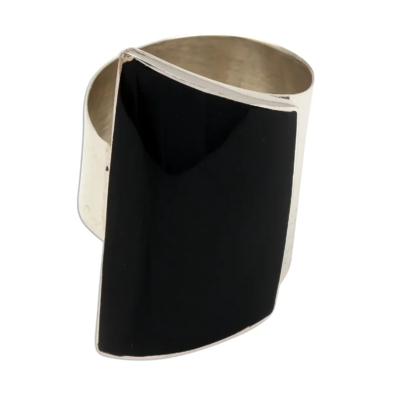 Novica Handmade Black Trapeze Sterling Silver Cocktail Ring