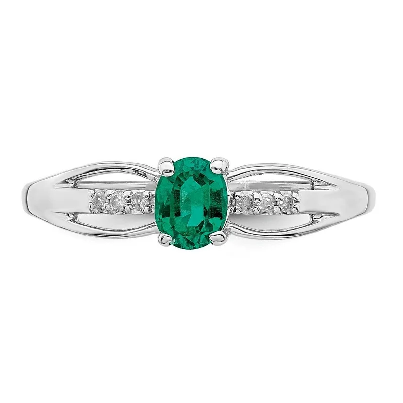 Curata 925 Sterling Silver Rhod Plated Diamond Created Emerald Ring