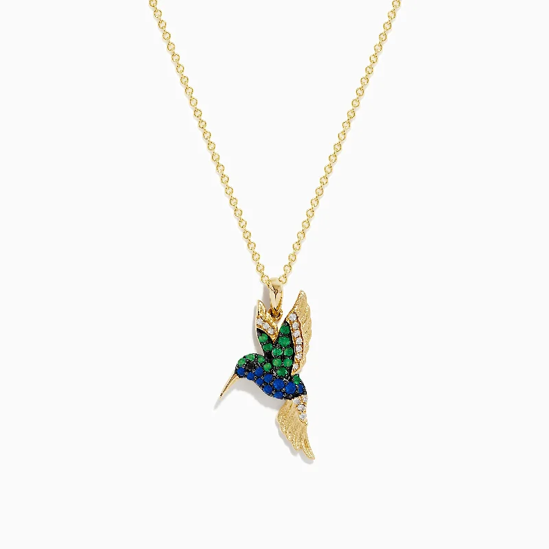 Safari 14k Yellow Gold Emerald and Sapphire Humming Bird Pendant