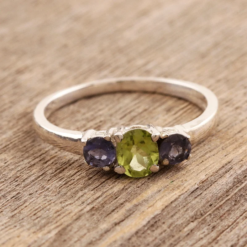 Blue Embrace' Iolite and Peridot 3-stone Ring