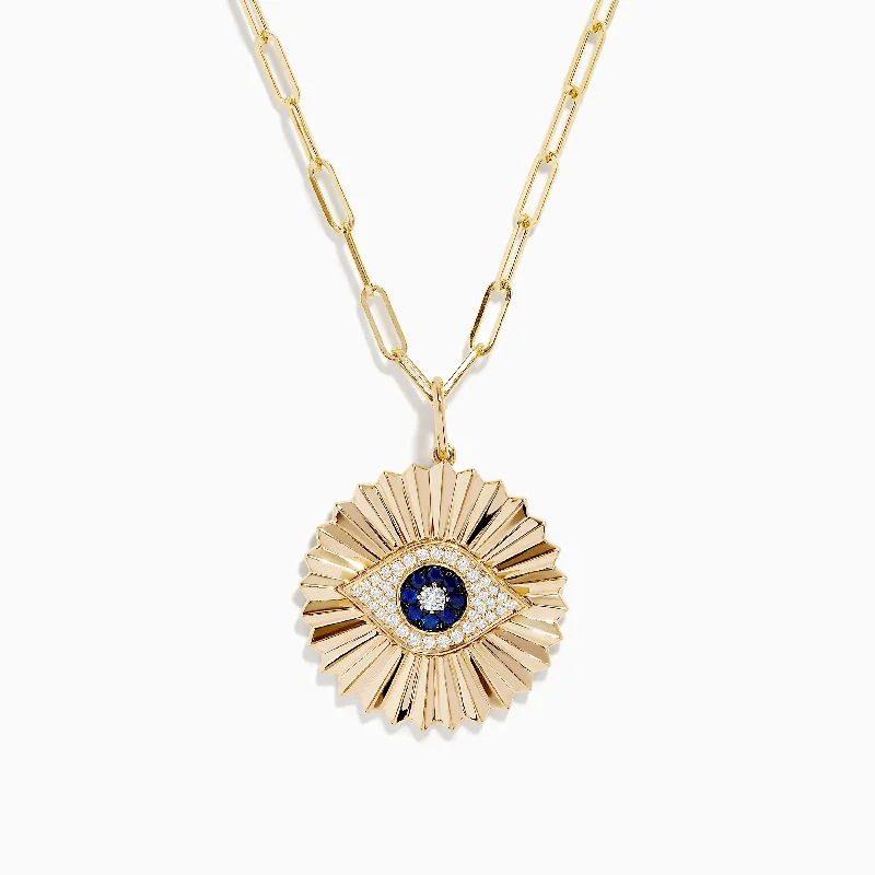 Novelty 14K Yellow Gold Sapphire and Diamond Evil Eye Disk Pendant