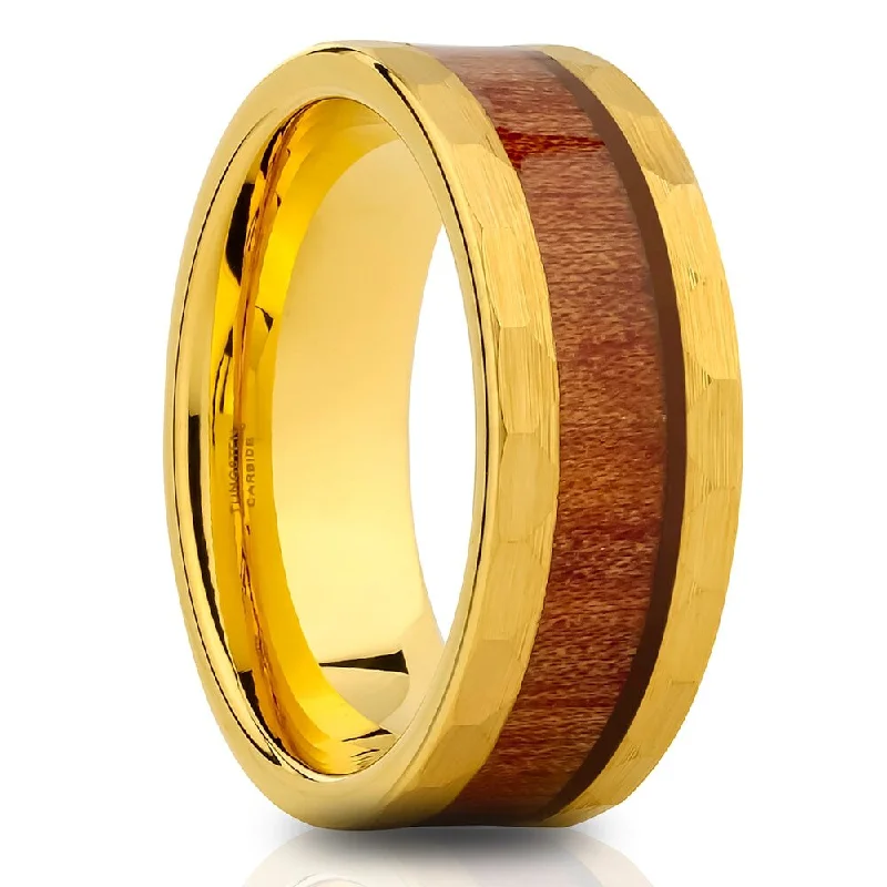 Koa Wood Tungsten Carbide Wedding Ring 8Mm Comfort Fit Yellow Gold Inlay Size 715 - Silver