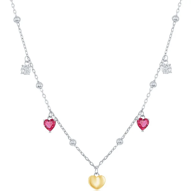 Classic Women's Necklace - GP Sterling Silver White and Ruby CZ Heart Beaded | M-6941