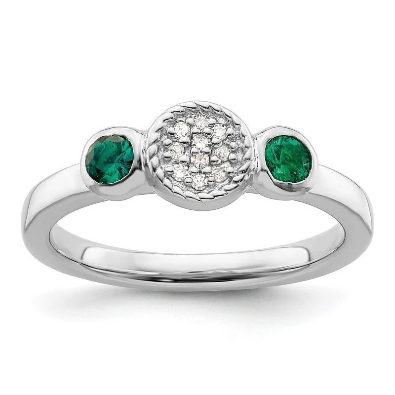 Curata 925 Sterling Silver Bezel Polished Prong set Stackable Expressions Db Round Cr. Emerald and Dia. Ring