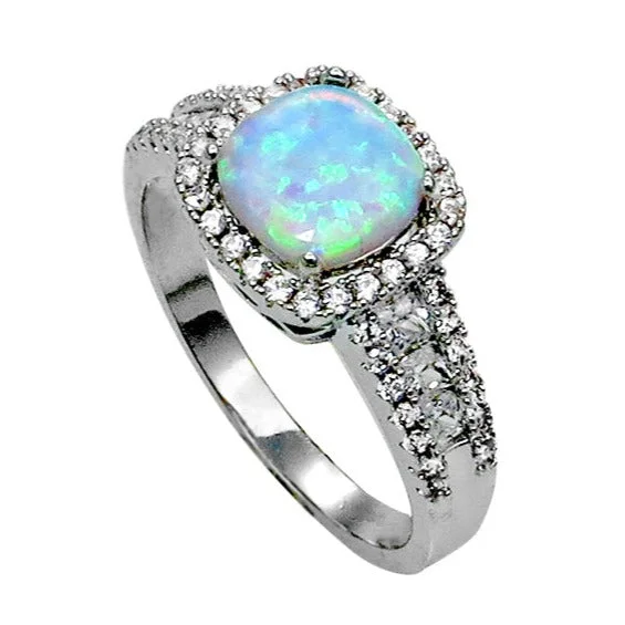 White Fire Opal Cushion Cut Halo Ring