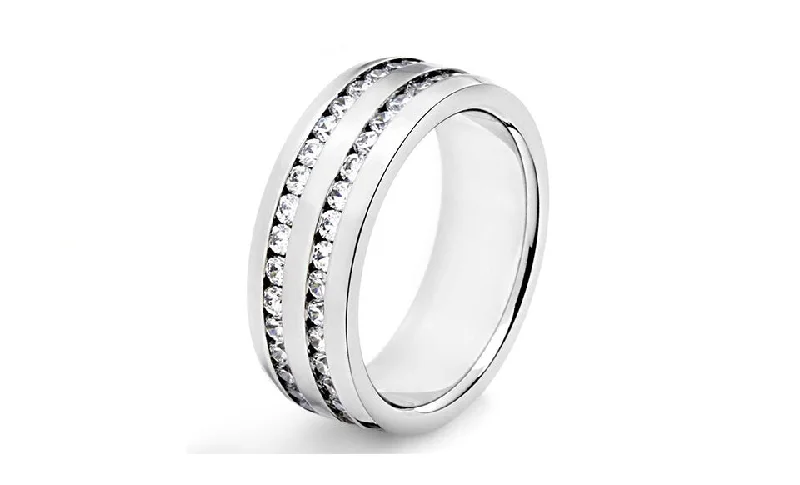 Unisex 2 Row Cubic Zirconia Stainless Steel Eternity Band