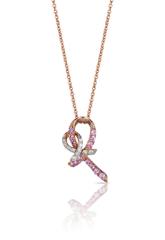 14K Rose Gold Pink Sapphire and Diamond Breast Cancer Awareness Ribbon Pendant, 0.31 TCW