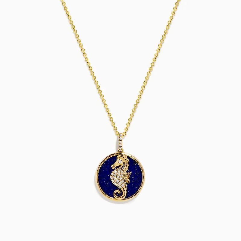 Seaside 14K Gold Lapis and Diamond Seahorse Pendant