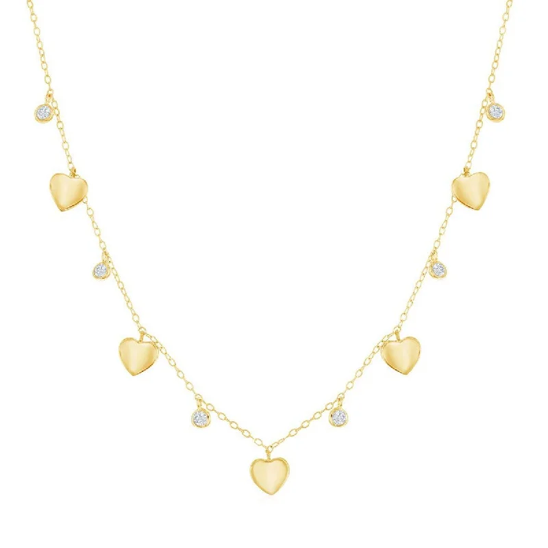 Classic Women's Necklace - Alternating Gold Plated Heart and Bezel-Set CZ | M-6803-GP