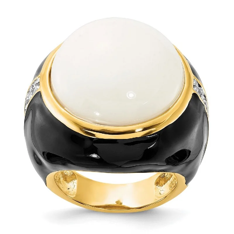 Curata Gold Plated 925 Sterling Silver Blk Enam Simulated Wht Agate and Cubic Zirconia Ring