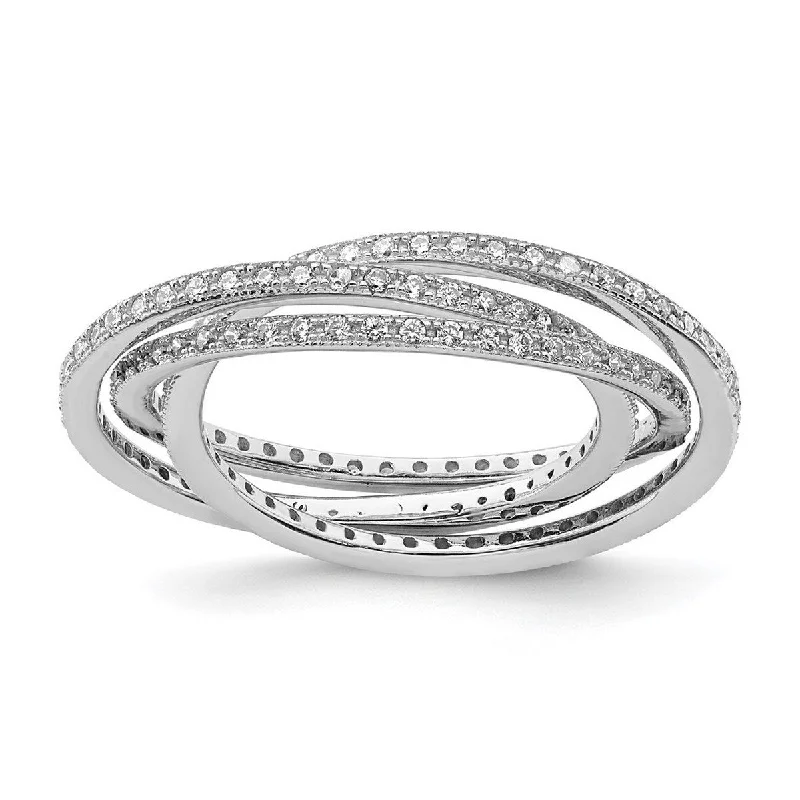 Curata 925 Sterling Silver Rhodium Plated Three 1.5mm Interlocking CZ Cubic Zirconia Rings