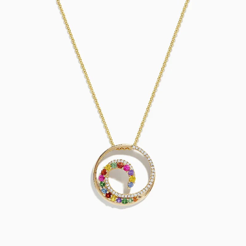 Watercolors 14K Gold Multi Sapphire and Diamond Wave Pendant, 0.85 TCW