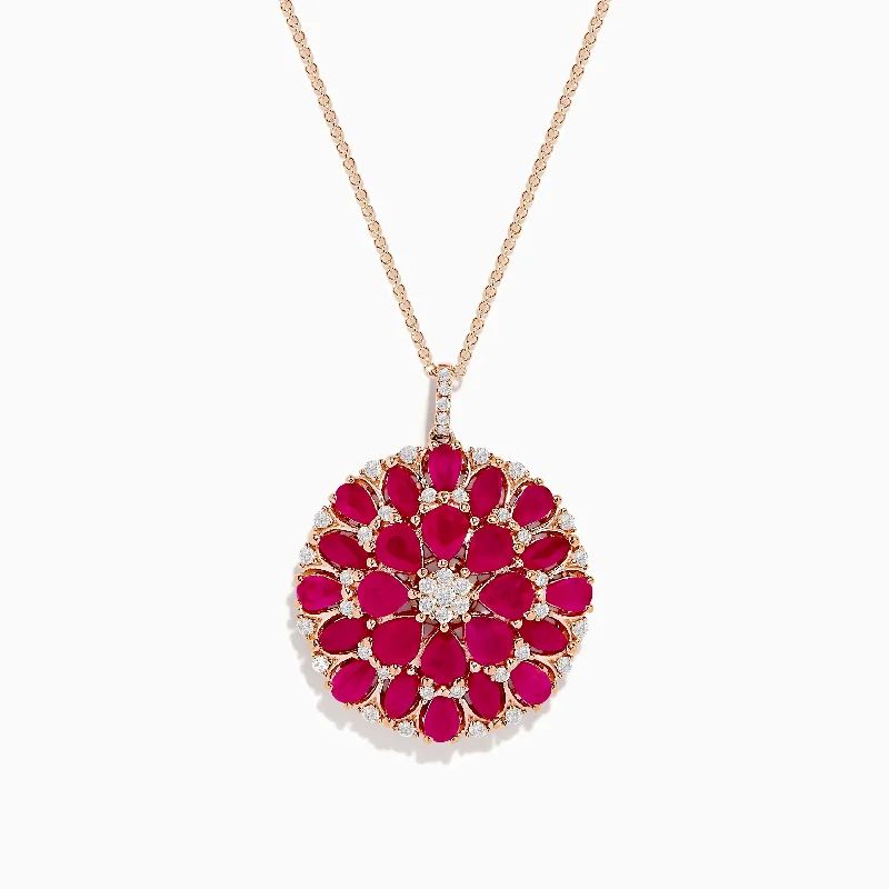 Ruby Royale 14K Rose Gold Ruby and Diamond Flower Pendant