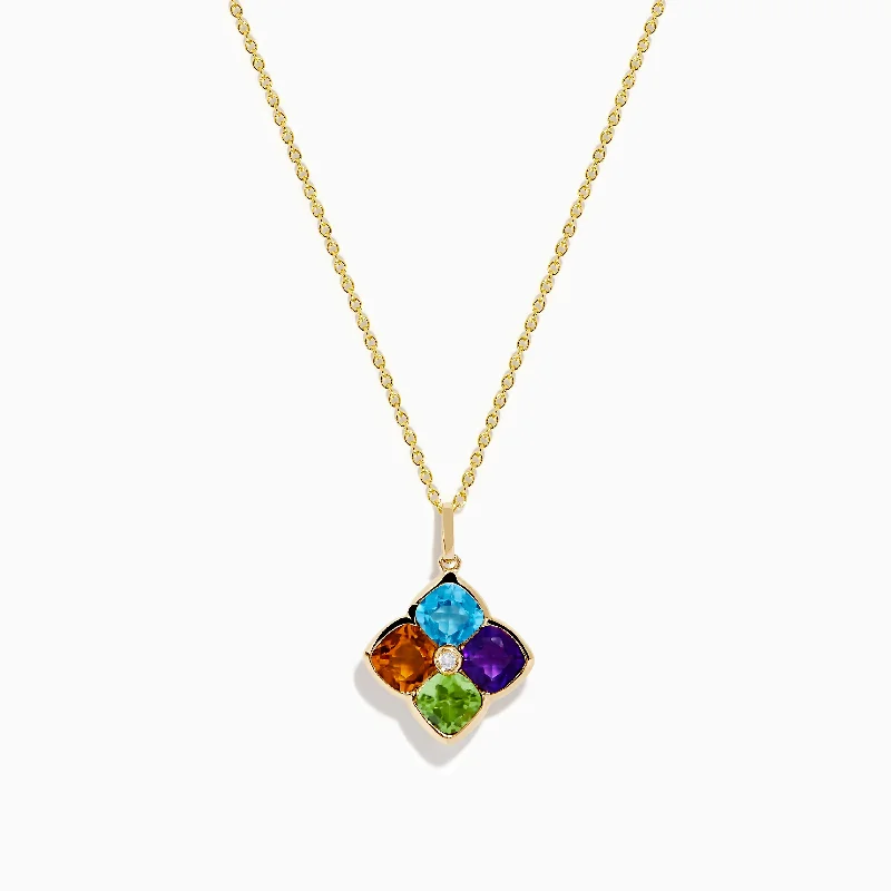 14K Yellow Gold Multi Color Gemstone and Diamond Pendant