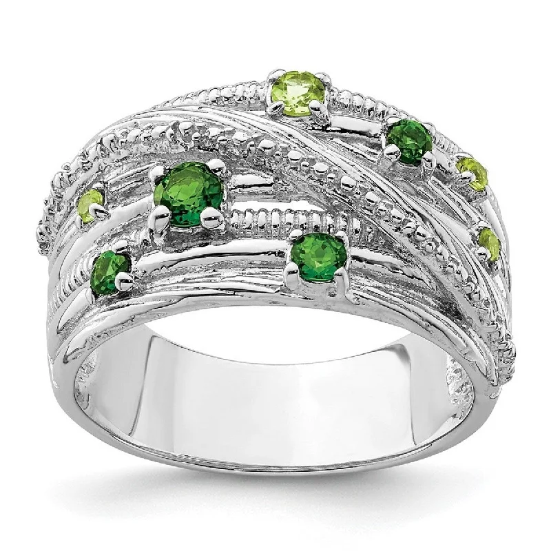 Curata 925 Sterling Silver Rhod Plat Chrome Diopside and Peridot Ring