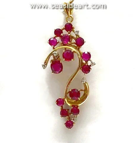 Ruby & Diamond 14K Yellow Gold Pendant-Reverse 'S' Scroll Design