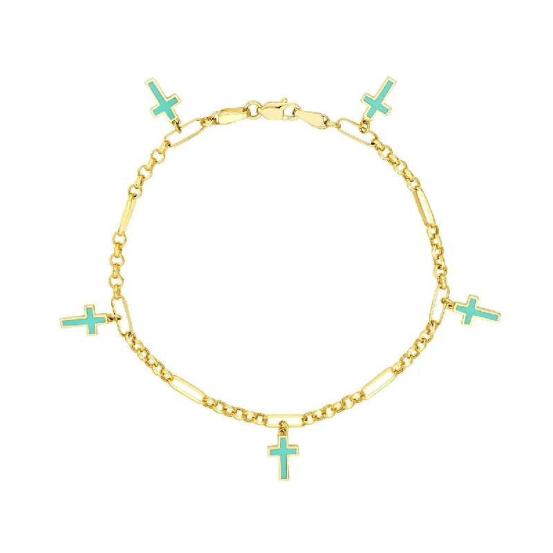 14K Yellow Gold Lt.Turquoise Crosses on 6+1 Rolo Chain Bracelet