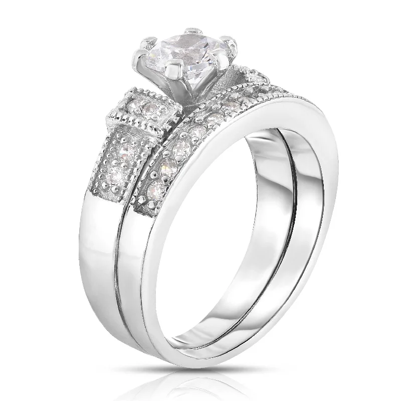 Sterling Silver Cubic Zirconia Bridal Ring and Band Set