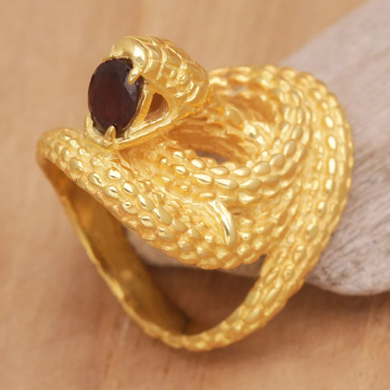 Novica Handmade Golden Cobra Queen Gold-Plated Garnet Cocktail Ring