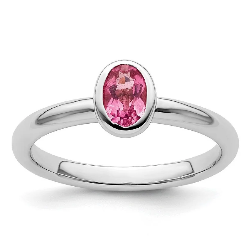 Curata 925 Sterling Silver Bezel Polished Stackable Expressions Oval Pink Tourmaline Ring