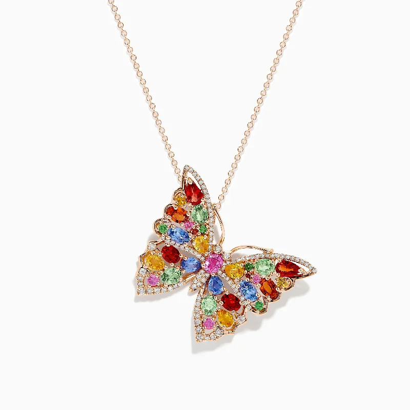 Watercolors 14K Rose Gold Multi Sapphire and Diamond Butterfly Pendant