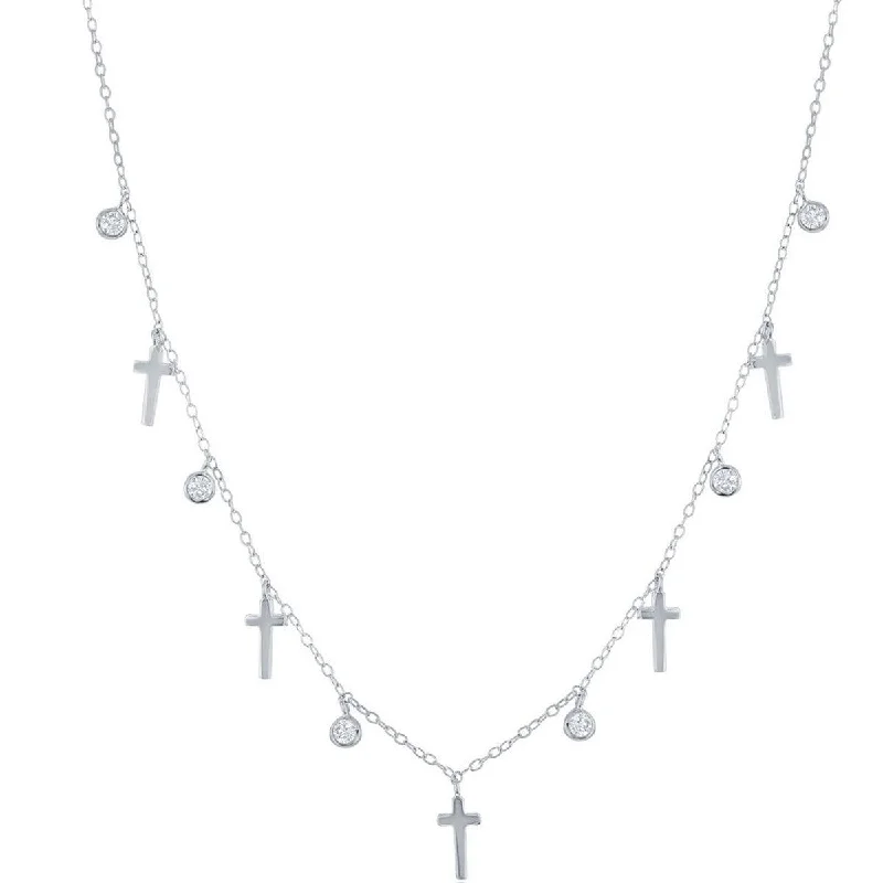 Classic Women's Necklace - Sterling Silver Alternating Cross and Bezel-Set CZ | M-6802