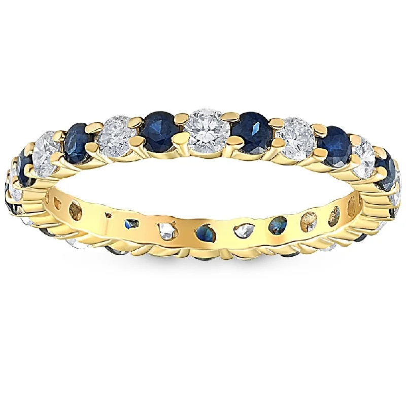 1 cttw Blue Sapphire Diamond Wedding Eternity Ring Yellow Gold