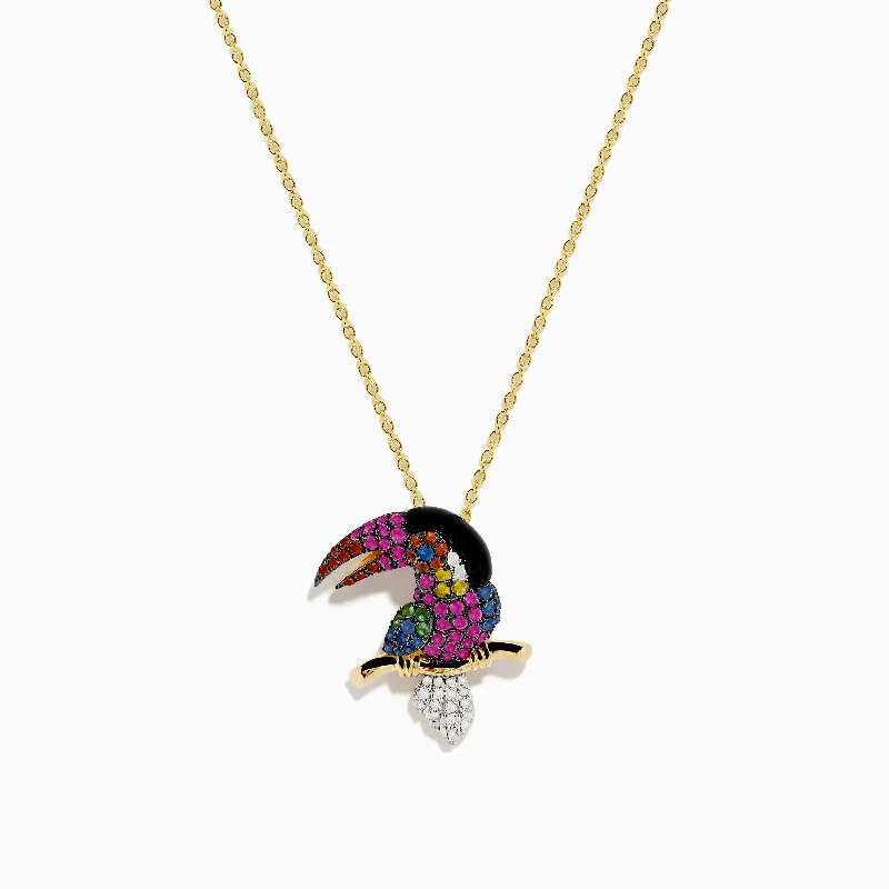 14K Yellow Gold Multi Color Sapphire Black Agate and Diamond Parrot Pendant