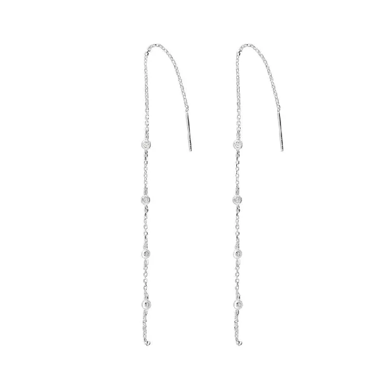 Sterling Silver Pull Thru Long Chain with Cubic Zirconia Drop Earrings