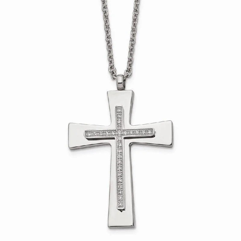 Stainless Steel Polished CZ Cross Necklace